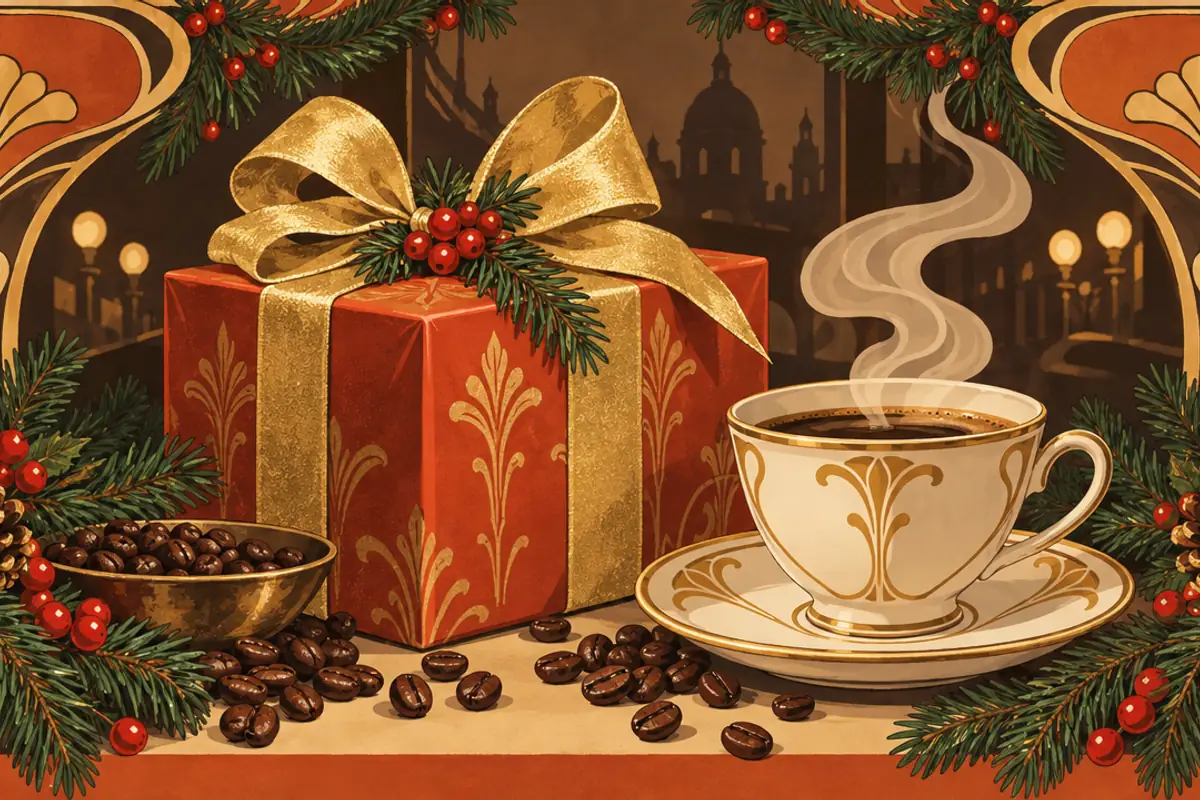 An Art Nouveau cafe poster of a wrapped Christmas present with a big gold bow beside a steaming cup of coffee, with coffee beans, pine cones and fir garlands around it.