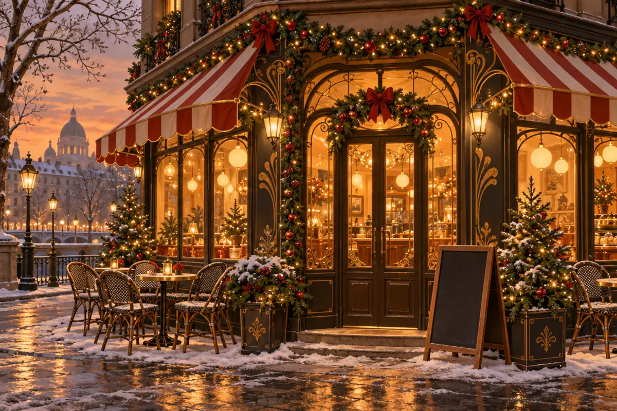 A glowing corner cafe at dusk with a striped awning, bistro chairs outside, a blank chalkboard by the door and Christmas garlands over the windows.