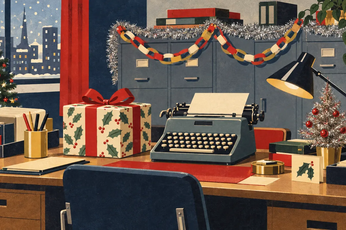 A 1960s advertising illustration of a wrapped present with a red bow on an office desk beside a typewriter and a desk lamp, a small tinsel tree and paper chains over a filing cabinet.