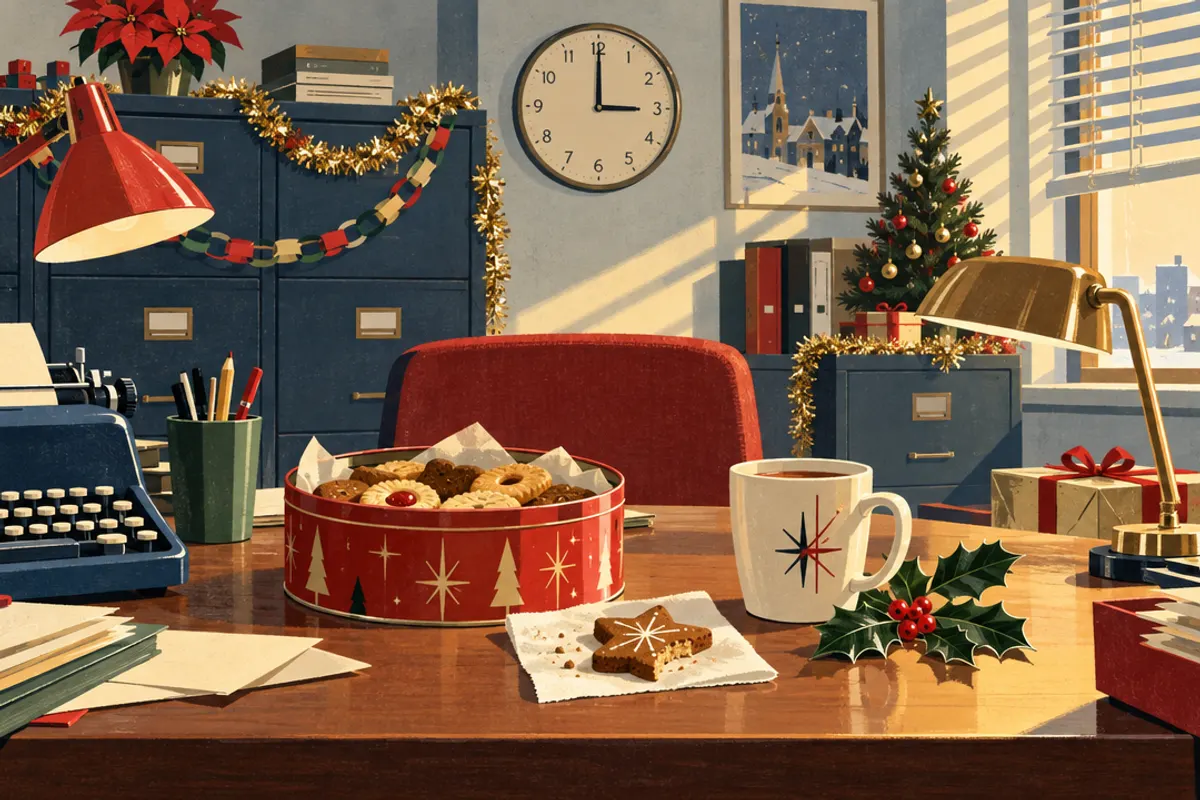 A 1960s advertising illustration of a desk at three in the afternoon: a wall clock, an open biscuit tin, a half-eaten gingerbread star, a mug of tea and a sprig of holly, light through the blinds.
