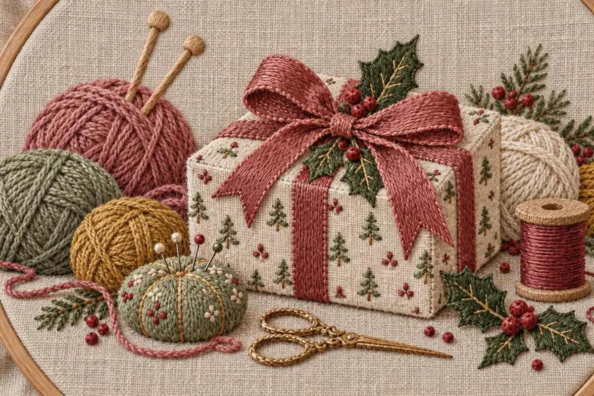 An embroidered Christmas present tied with a rose ribbon and holly, surrounded by balls of yarn, knitting needles, a pincushion, a spool of thread and gold scissors, stitched inside a wooden hoop.