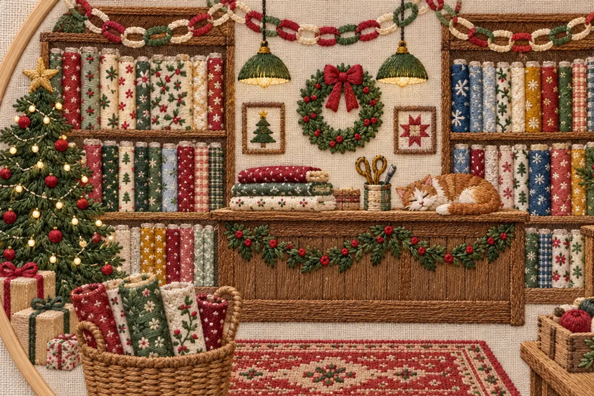 An embroidered fabric shop with shelves of patterned bolts, a paper chain and wreath above the counter, a small Christmas tree and a cat asleep on the counter.