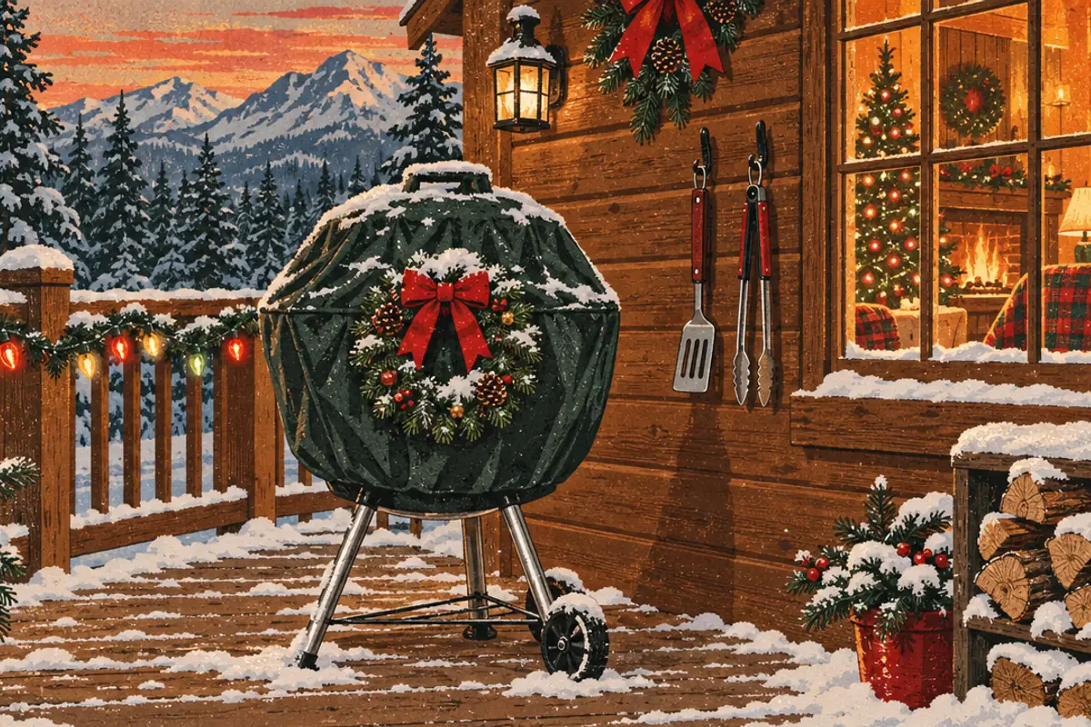 A covered kettle barbecue with a wreath on the lid sitting idle on a snowy deck, its tongs hung up and Christmas lights along the railing.
