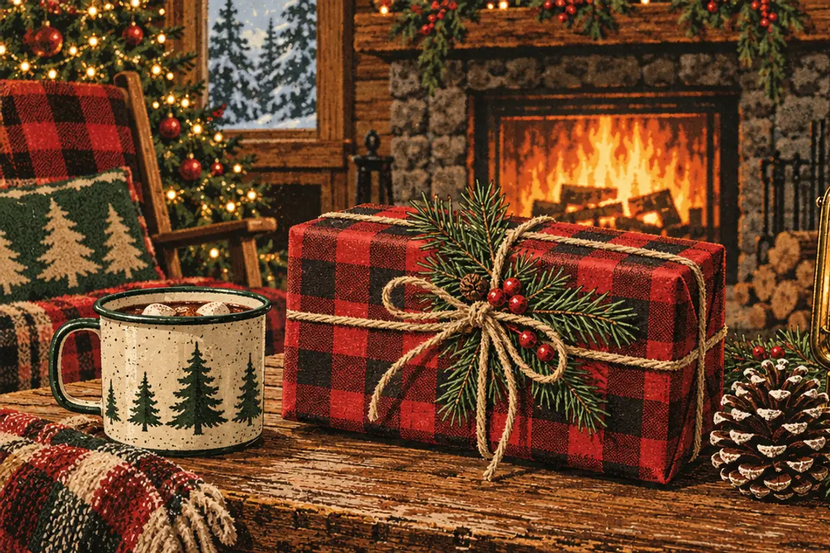 A present wrapped in red buffalo plaid with twine and a pine sprig, beside an enamel mug, a pine cone and a brass lantern, a fire glowing behind.