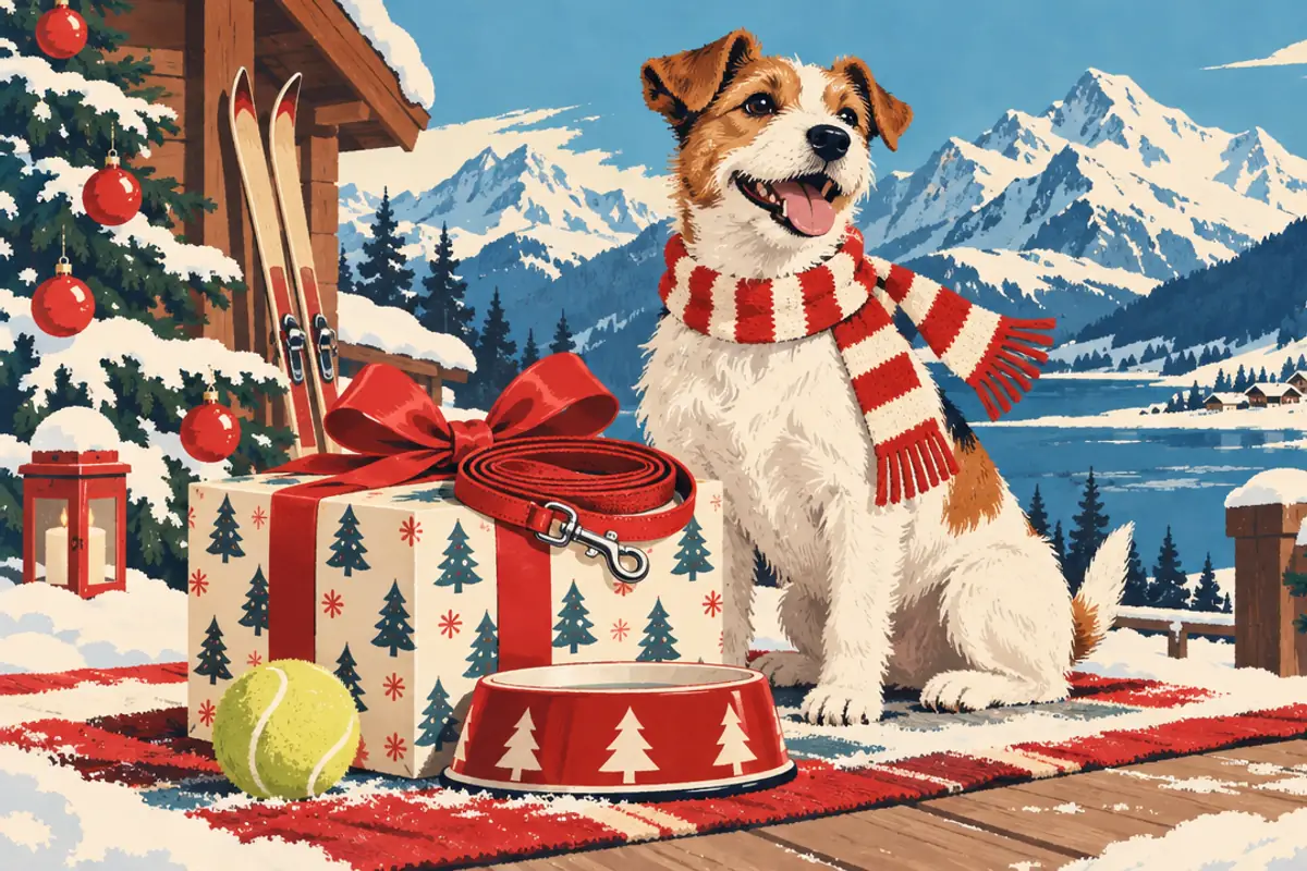 A vintage ski poster style terrier in a striped red scarf sitting beside a wrapped Christmas present with a red lead on top, a tennis ball and a dog bowl, snowy mountains behind.