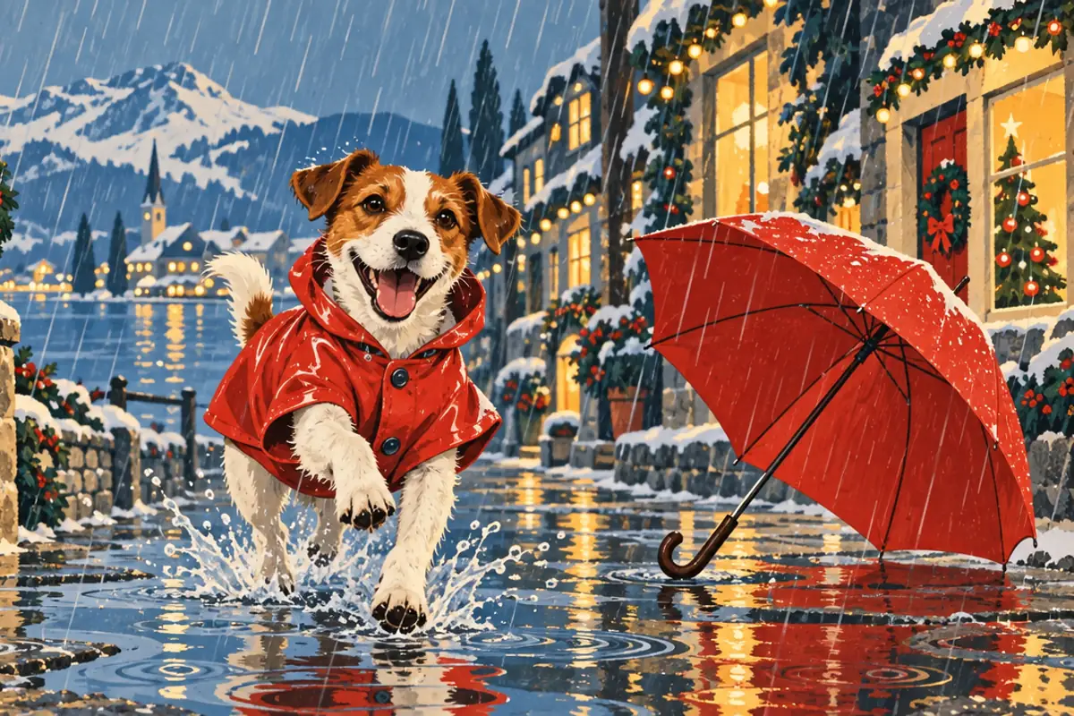 A happy dog in a red raincoat splashing through puddles on a rainy street lit with Christmas lights, a red umbrella open beside it.
