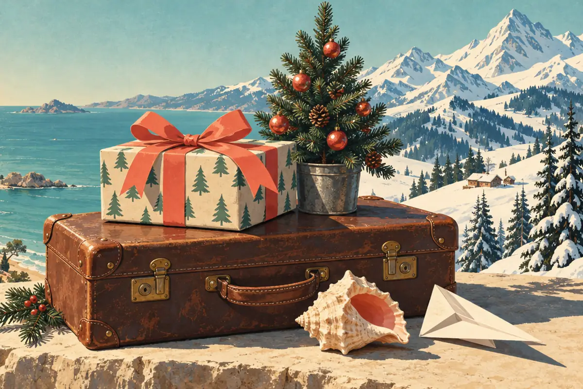 A travel poster still life of a wrapped present with a coral bow on an old leather suitcase, a small potted Christmas tree, a seashell and a paper plane, with sea on one side and snowy mountains on the other.