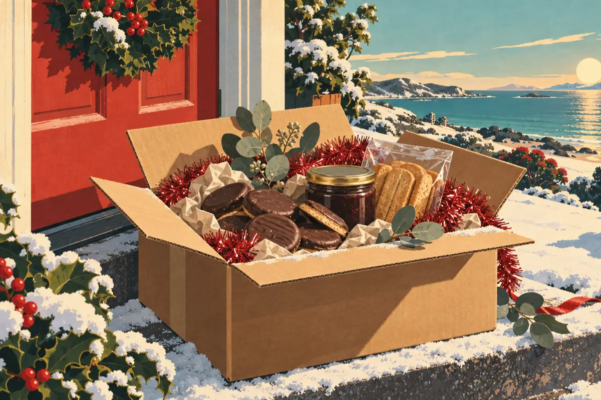 An open cardboard care package of chocolate biscuits, plain biscuits and a jar of dark spread with tinsel and gum leaves, on a snowy doorstep.