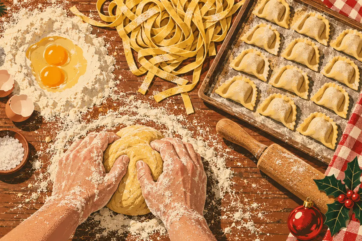 Two floury hands knead pasta dough on a wooden bench beside a well of flour and eggs, ribbons of fresh pasta, a tray of filled pasta and a rolling pin.