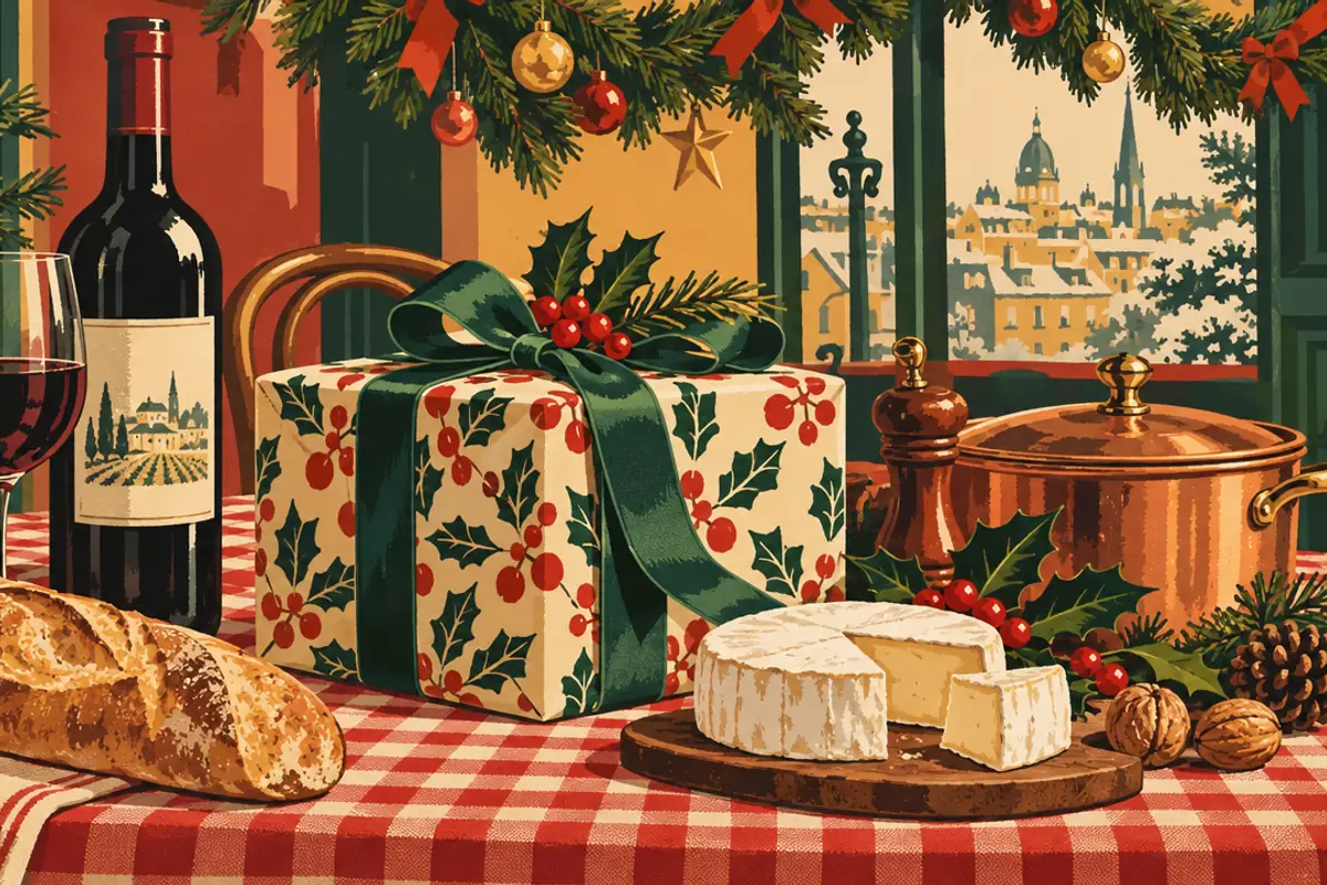 A present wrapped in holly paper with a green ribbon sits on a red-checked tablecloth among a baguette, a wheel of cheese, a bottle of red wine and a copper pot.