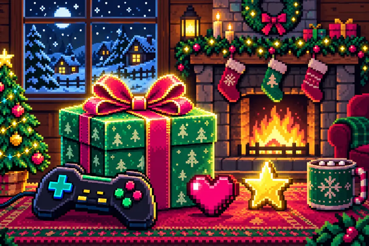A pixel-art Christmas room with a big green wrapped present tied with a red bow, a game controller, a pink pixel heart and a gold star in front of a fireplace with stockings and a small decorated tree.