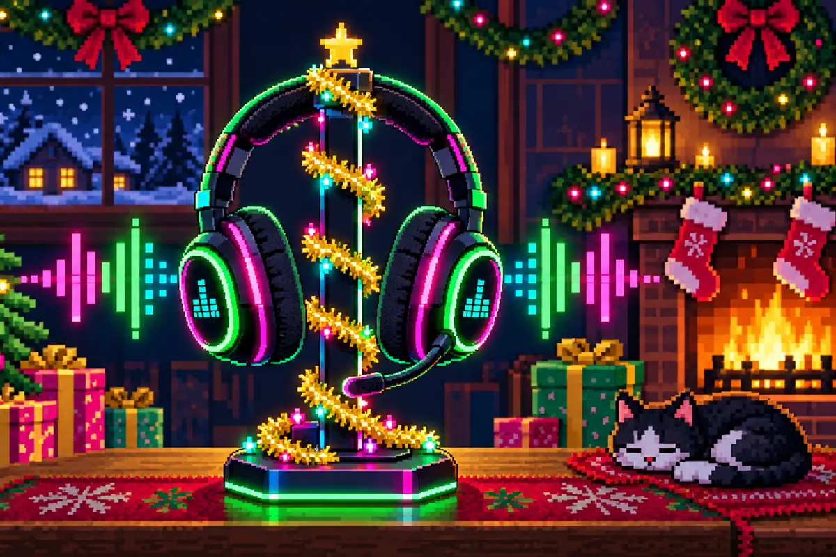 A pixel art gaming headset glowing green and pink on a stand wrapped in tinsel, with sound waves around it and a cat asleep by the fire.