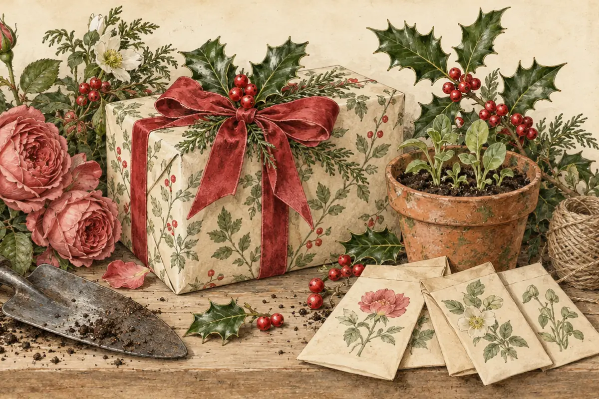 A botanical watercolour still life of a wrapped Christmas present tied with a red ribbon, surrounded by pink garden roses, holly with red berries, a trowel, a pot of seedlings and illustrated seed packets.