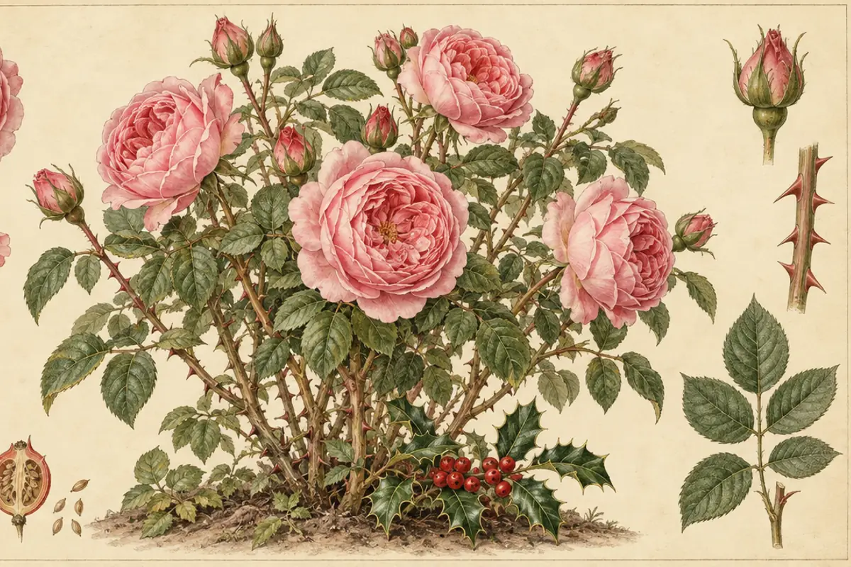 A botanical plate of a pink old English rose bush in full bloom, with studies of a single bloom, a petal, rosehips, a thorny stem and holly at its base.