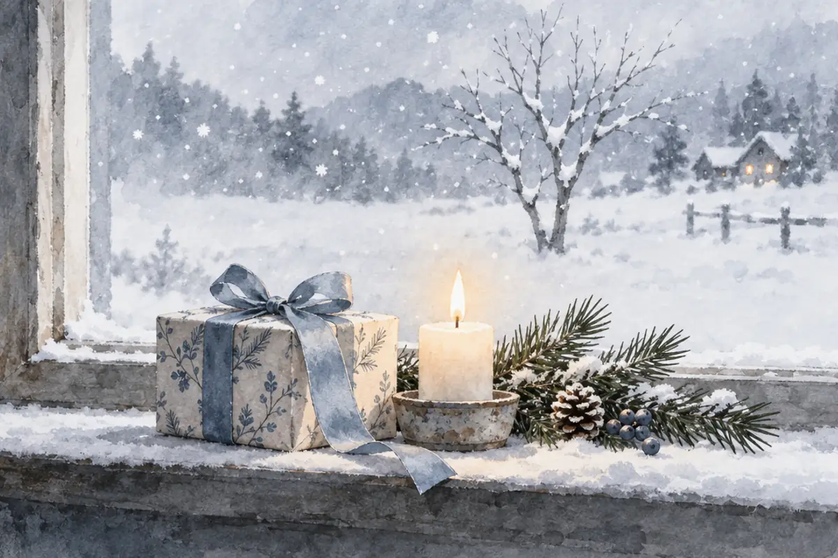A small present tied with pale blue ribbon sits on a snowy windowsill beside a lit candle and a sprig of pine, with a snowy field and a bare tree outside.