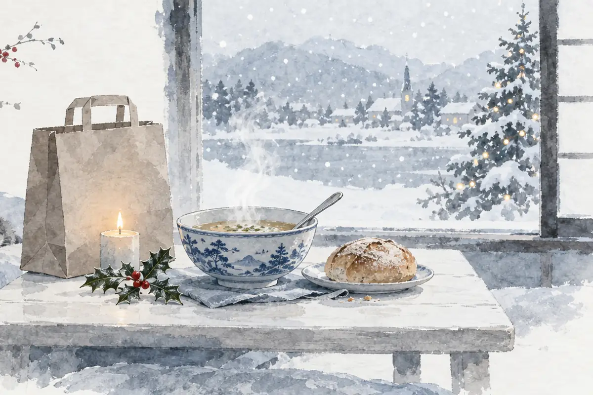 A steaming blue and white bowl of soup and a bread roll sit on a pale table beside a paper delivery bag, holly and a small candle, with snow falling outside.