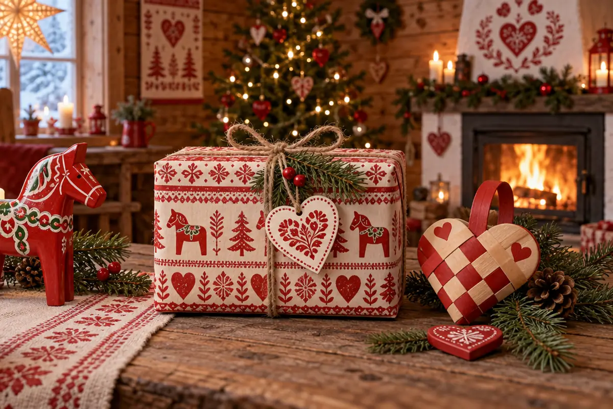 A present wrapped in red and white Dala horse paper with a heart tag sits on a wooden table beside a red Dala horse, a candle and a woven heart basket, with a fire and Christmas tree behind.