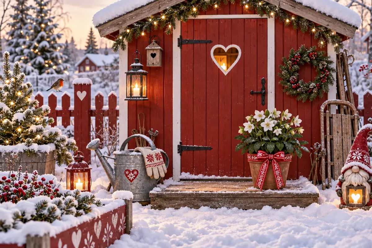 A red garden shed with a heart cut into the door has a potted white flowering plant with a red bow on its snowy step, beside a watering can, gloves and a gnome lantern.