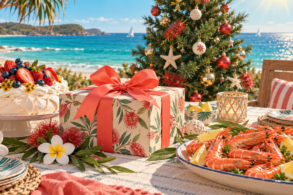 A sunny beachside table with a wrapped present tied in a coral ribbon, a berry-topped pavlova, a plate of prawns, frangipani flowers and a decorated pine tree in front of a turquoise sea.