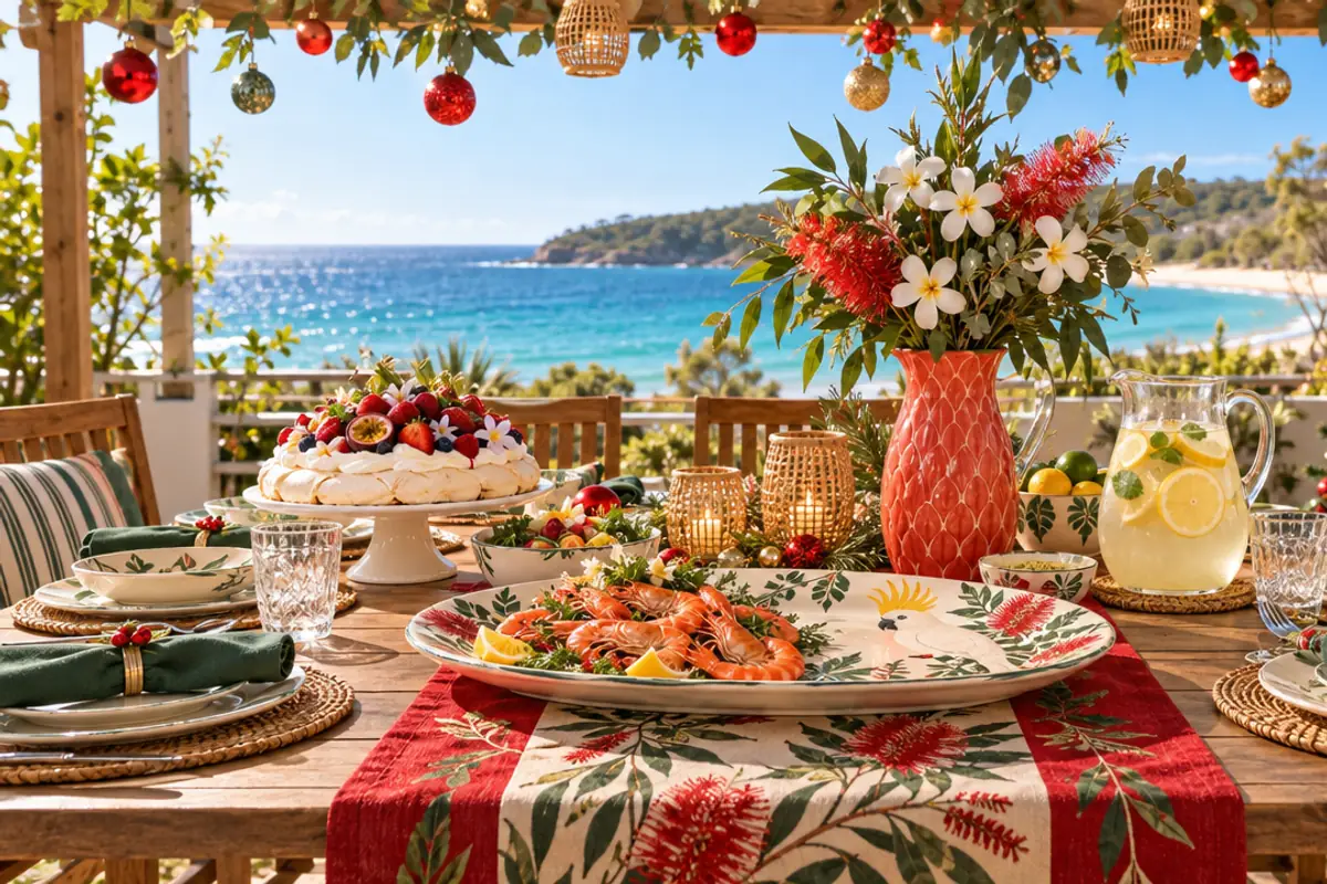 A long outdoor table under a pergola hung with baubles, set with a large painted platter of prawns, a coral vase of flowers, a jug of lemonade and a red Christmas table runner, with the sea behind.