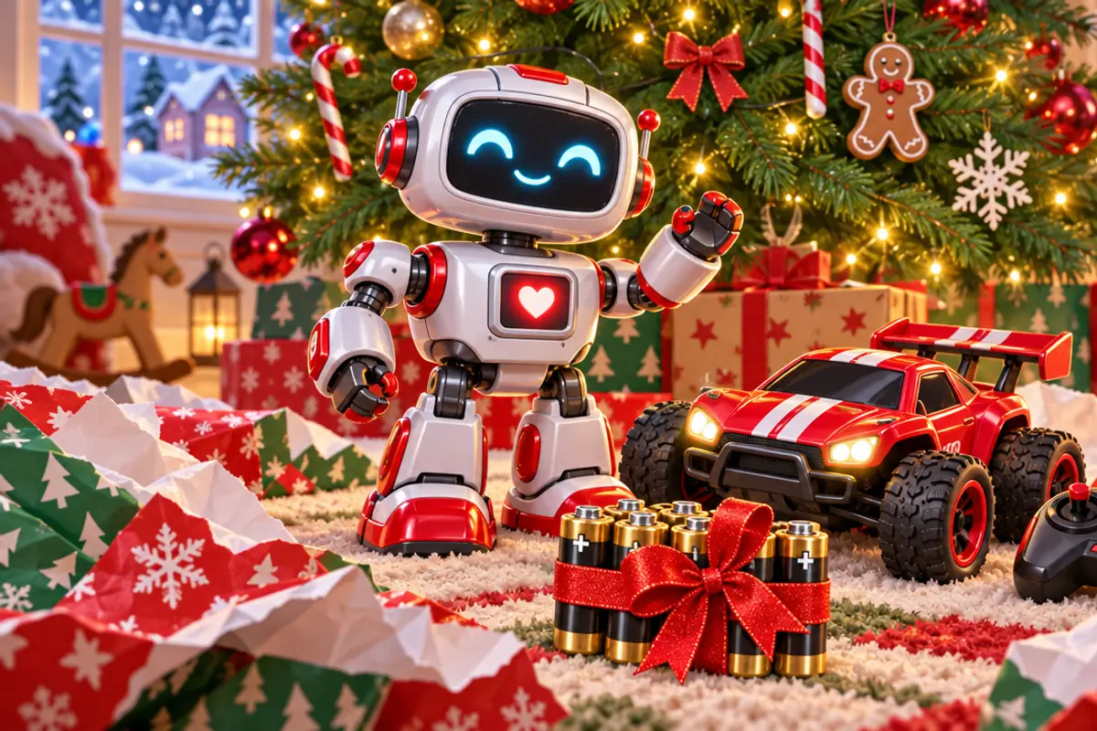 A smiling toy robot and a red remote-control car sit under the Christmas tree in torn wrapping paper beside a bundle of batteries tied with a red bow.