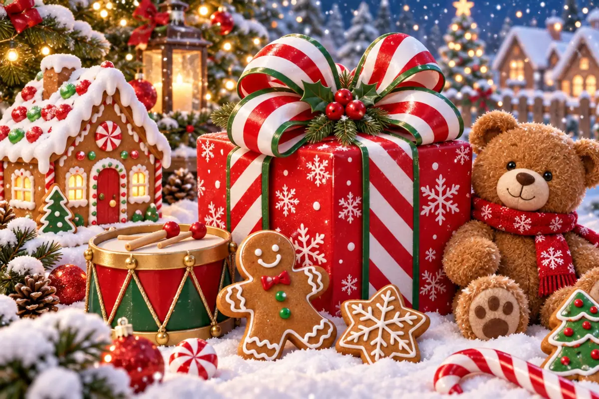 A big red present with a candy-cane striped bow sits in the snow among gingerbread cookies, a toy drum, a teddy bear in a scarf and a little gingerbread house.
