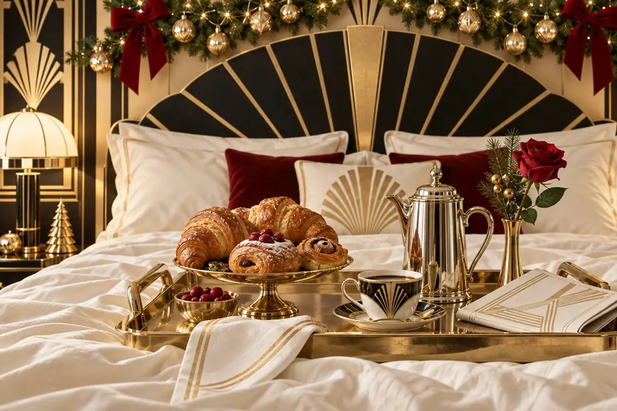 A gold breakfast tray of croissants, a silver coffee pot and a red rose on an ivory bed with a Deco fan headboard and a garland of gold baubles.