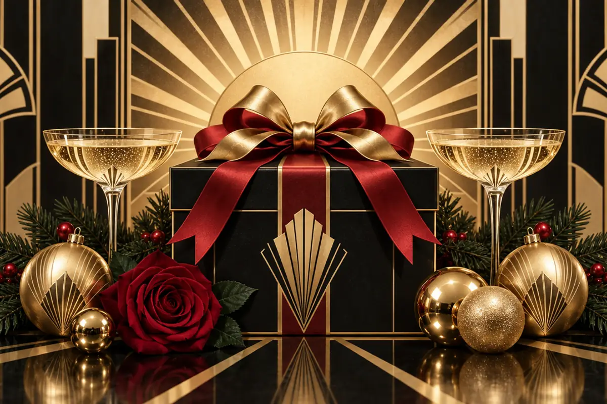 A black Christmas present with a deep red ribbon and gold bow between two champagne coupes, gold baubles and a red rose under a gold sunburst.