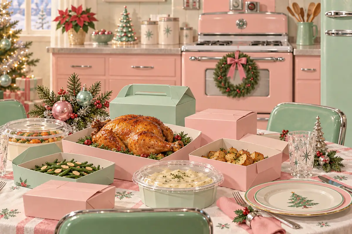 A roast chicken and side dishes in pastel takeaway boxes on a set table, with a clean pink stove wearing a wreath in the background.
