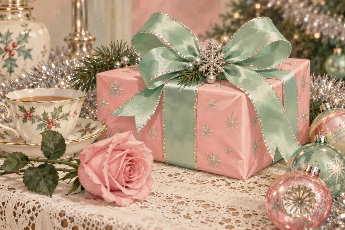 A pastel pink Christmas present tied with a glittering mint ribbon and snowflake, beside a pink rose, a holly-patterned teacup and pastel baubles on a lace tablecloth.