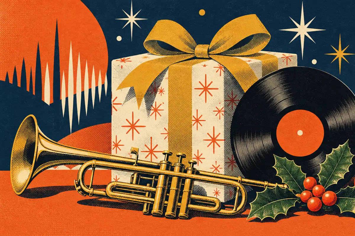 A retro record sleeve style still life of a wrapped Christmas present with a mustard bow, a vinyl record, a brass trumpet, holly and a bauble against a navy and tangerine background of stars and sound waves.