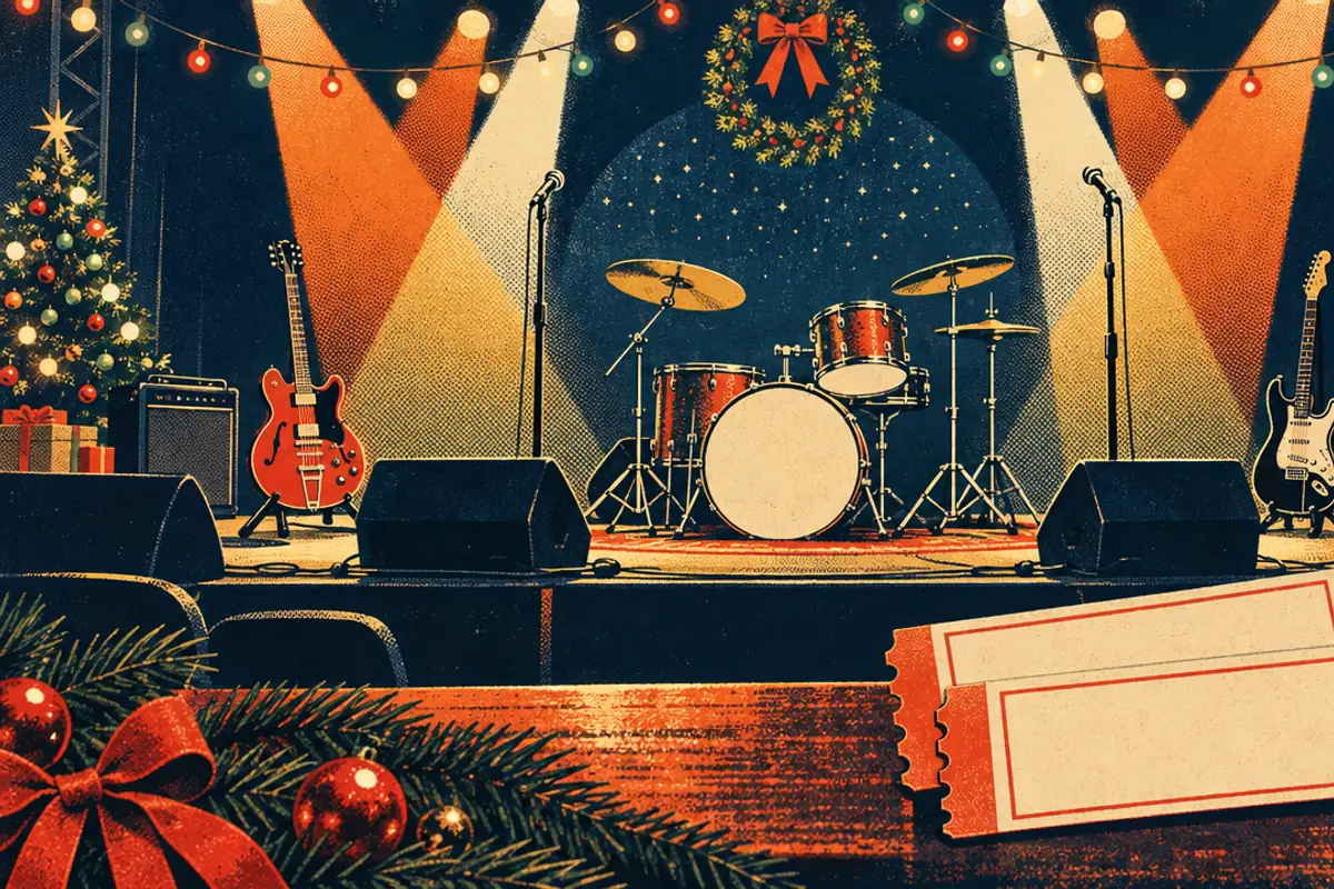 An empty concert stage under orange spotlights with a drum kit, guitars and microphones, Christmas trees on either side and two blank tickets in front.