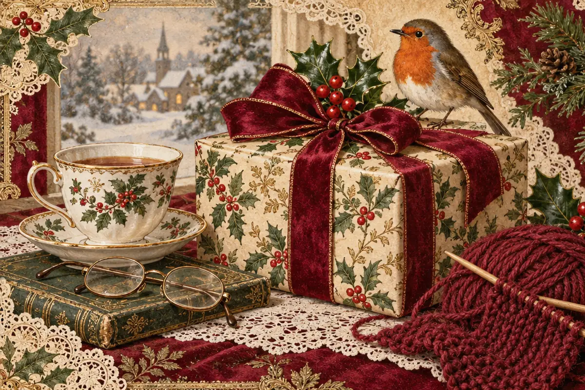 A Victorian scrapbook still life of a cream Christmas parcel tied with a burgundy velvet bow, a robin perched on top, beside a holly teacup, reading glasses on an old book and red knitting on needles, framed with lace.
