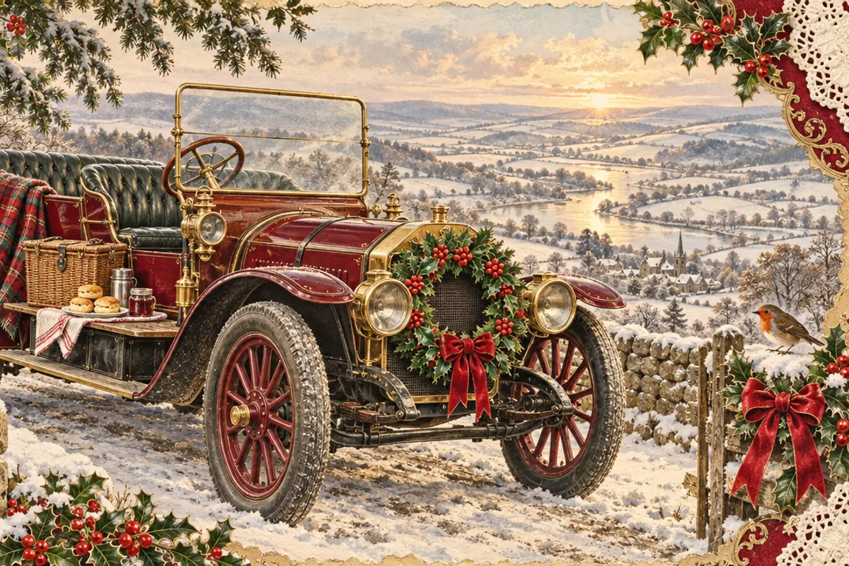 A vintage red motor car with a holly wreath on its grille parked on a snowy hilltop lane, a picnic basket of scones on the running board and a wide frosty valley below.