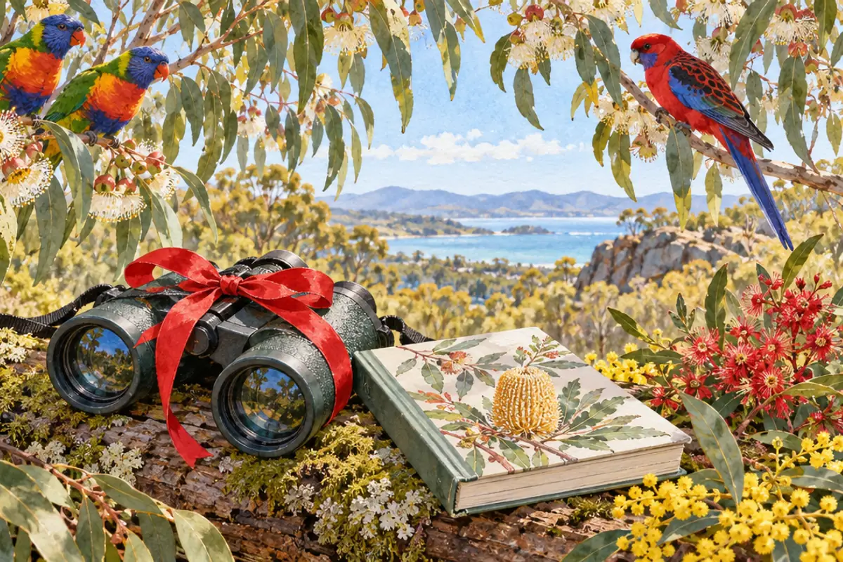 Watercolour binoculars tied with a red ribbon beside a field guide on a mossy log, with rainbow lorikeets and a crimson rosella in the trees above.