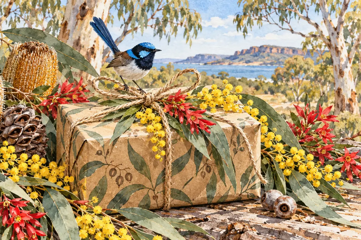 A watercolour Christmas present wrapped in leaf-print paper and tied with string, surrounded by banksia, golden wattle and red Christmas bush, with a blue fairy wren perched on top.