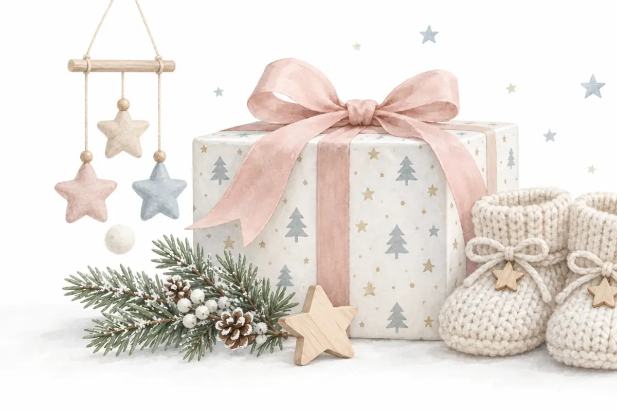 A soft watercolour of a white Christmas present tied with a blush bow, a pair of knitted baby booties, a felt star mobile and a pine sprig on a white background.