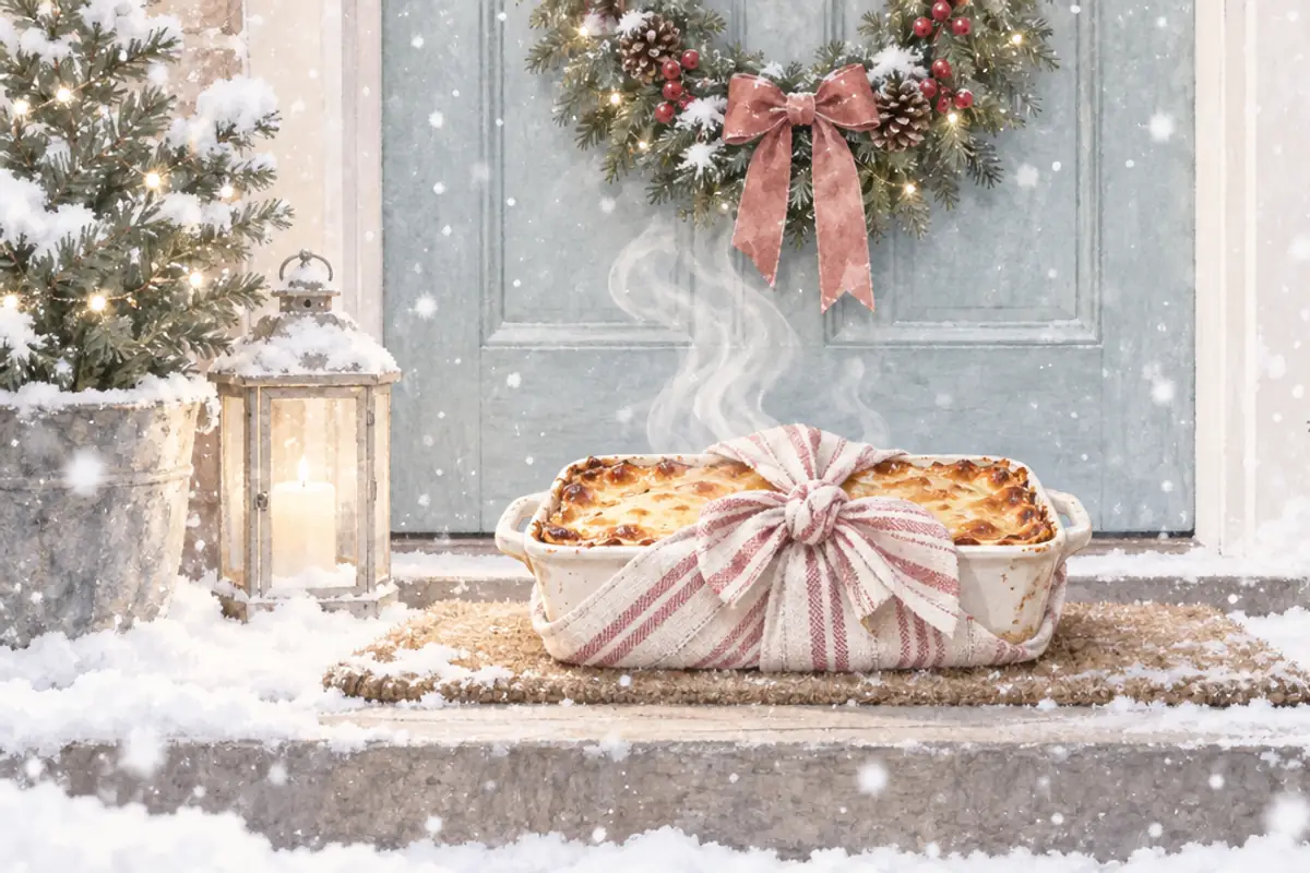 A dish of baked lasagne wrapped in a striped tea towel, steaming on a snowy doorstep under a wreath tied with a blush bow.