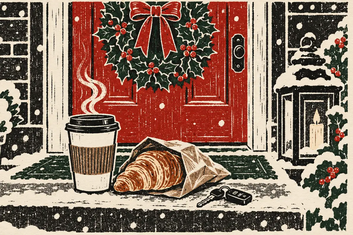 A linocut print of a takeaway coffee cup and a croissant in a paper bag on a snowy doorstep, with a car key beside them and a red front door hung with a holly wreath behind.