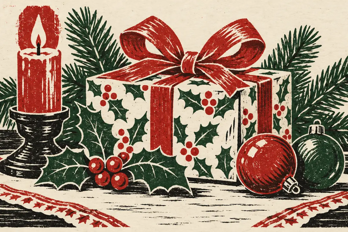 A linocut print in red, green and black of a Christmas present wrapped in holly-patterned paper with a big red bow, beside a lit red candle, a sprig of holly berries, pine branches and two baubles on a table.