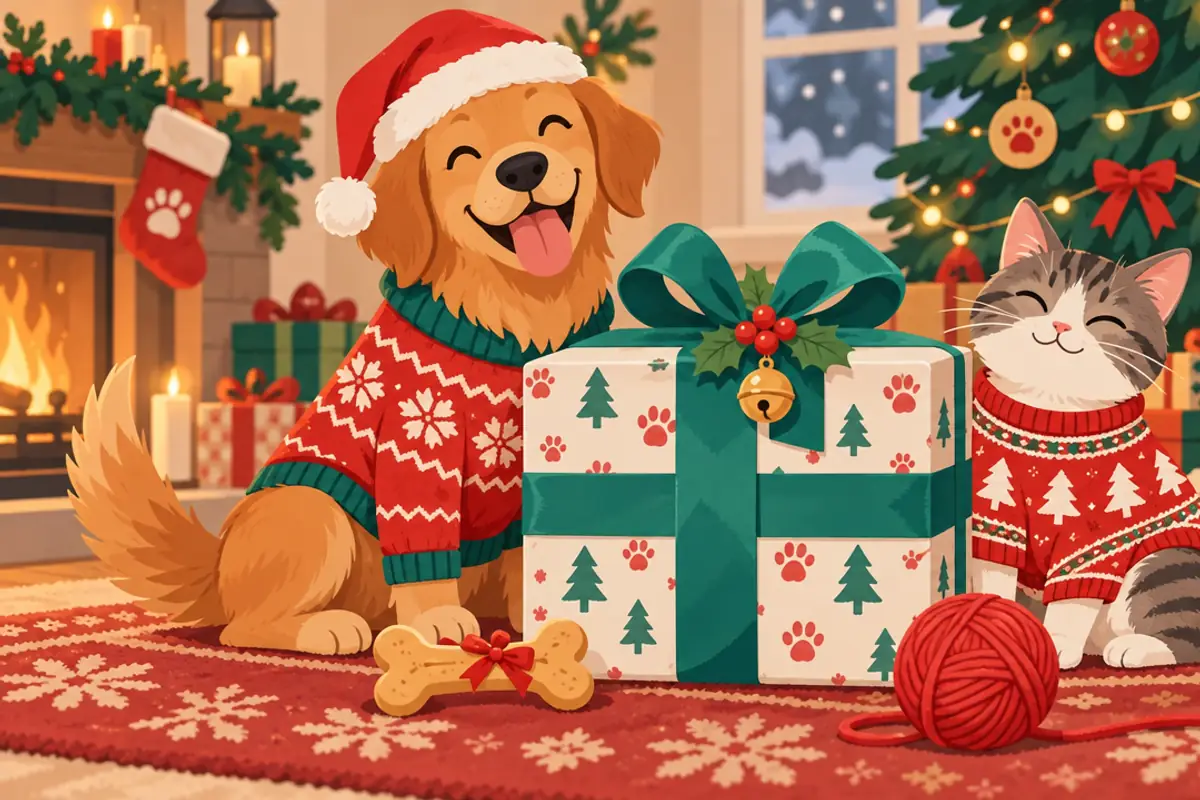 A smiling golden dog in a Santa hat and a grinning tabby cat in a Christmas jumper sit either side of a big wrapped present with a green bow, beside a bone treat, a ball of red yarn and a lit tree.