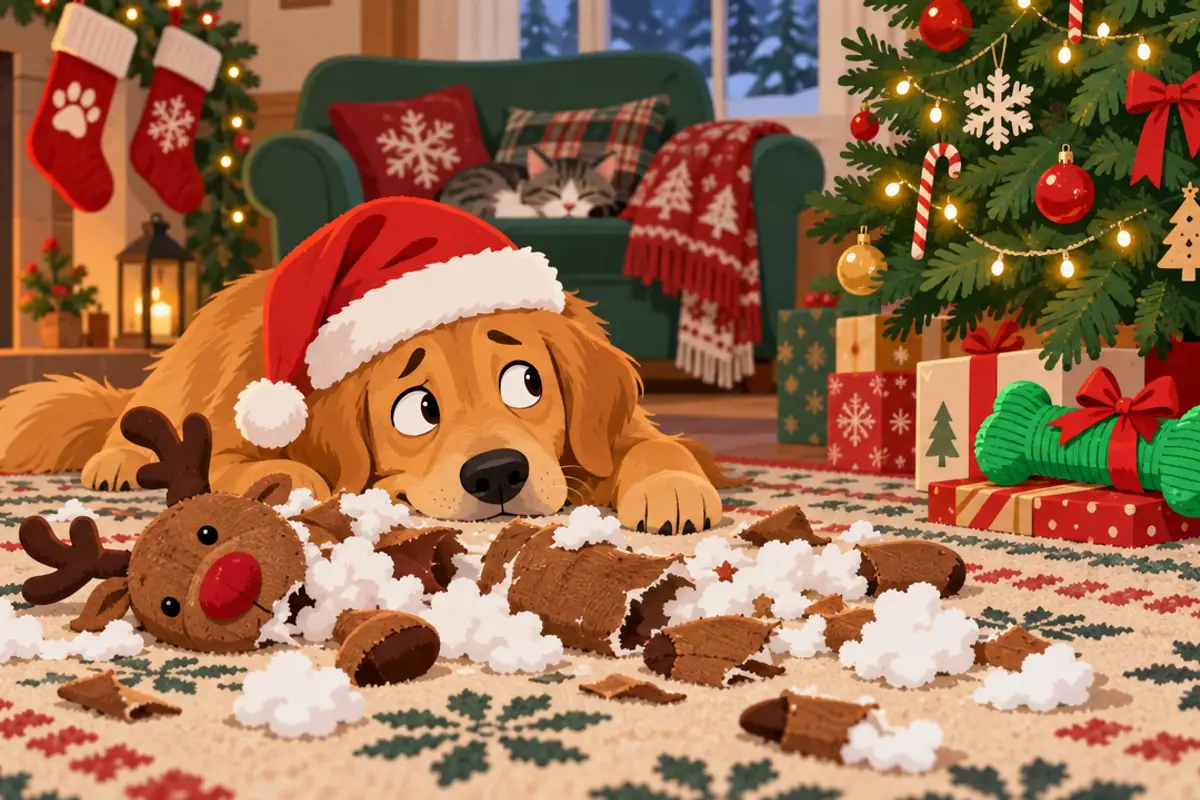 A guilty-looking dog in a Santa hat lies on a rug among the shredded remains of a toy reindeer and its white stuffing, with a new green bone toy wrapped under the tree.
