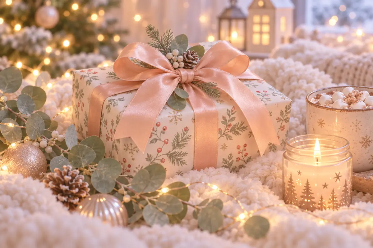 A present with a peach satin bow sits on a fluffy cream blanket beside a jar candle, a mug of cocoa with marshmallows, eucalyptus and glowing fairy lights.