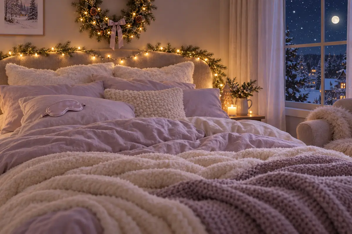 A big bed piled with lilac and cream bedding and a silk eye mask on the pillow, fairy lights over the headboard and a wreath on the wall.