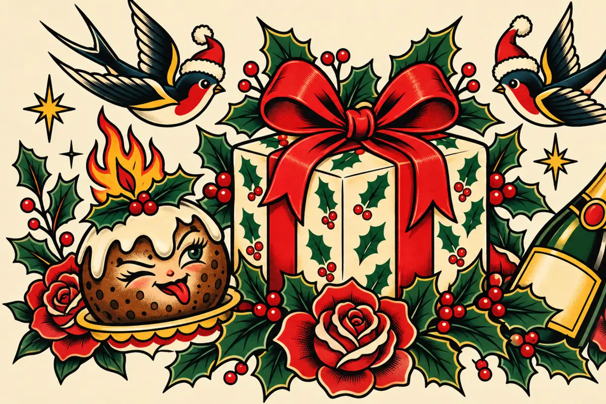 A tattoo flash design of a wrapped Christmas present with a big red bow, framed by red roses and holly, two swallows in Santa hats, a winking flaming Christmas pudding and a champagne bottle popping its cork.