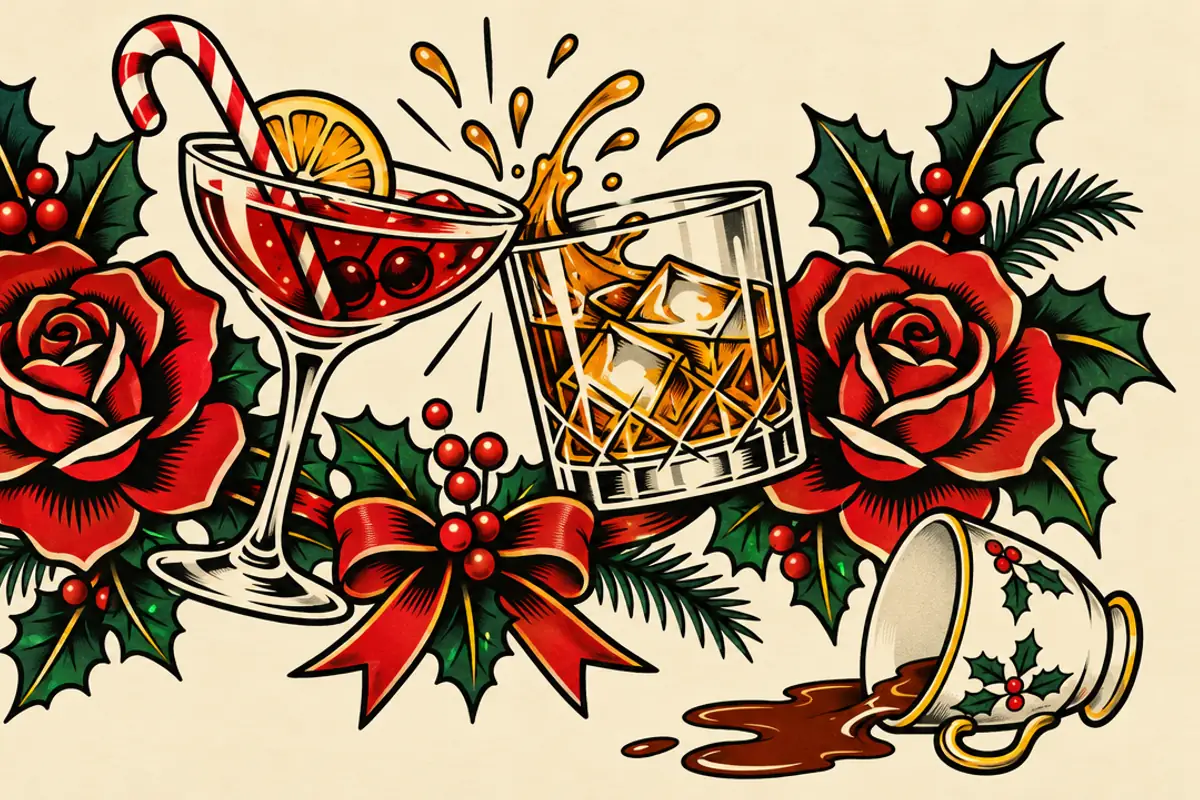 A tattoo flash design of a cocktail with a candy cane stirrer clinking against a whisky tumbler, framed by red roses and holly, with a teacup tipped over and spilling beside them.