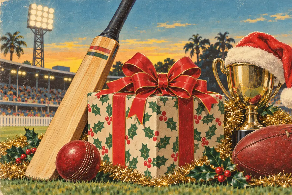 A faded vintage sports card style still life of a wrapped Christmas present with a red bow, a cricket bat, a cricket ball, a football and a gold trophy wearing a Santa hat, with stadium lights behind.
