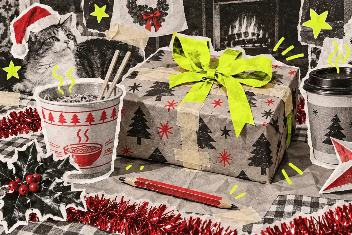 A black and white zine collage of a present taped shut with a neon yellow bow, a cup of noodles, a takeaway coffee, a red pencil, a paper star and a cat in a Santa hat.