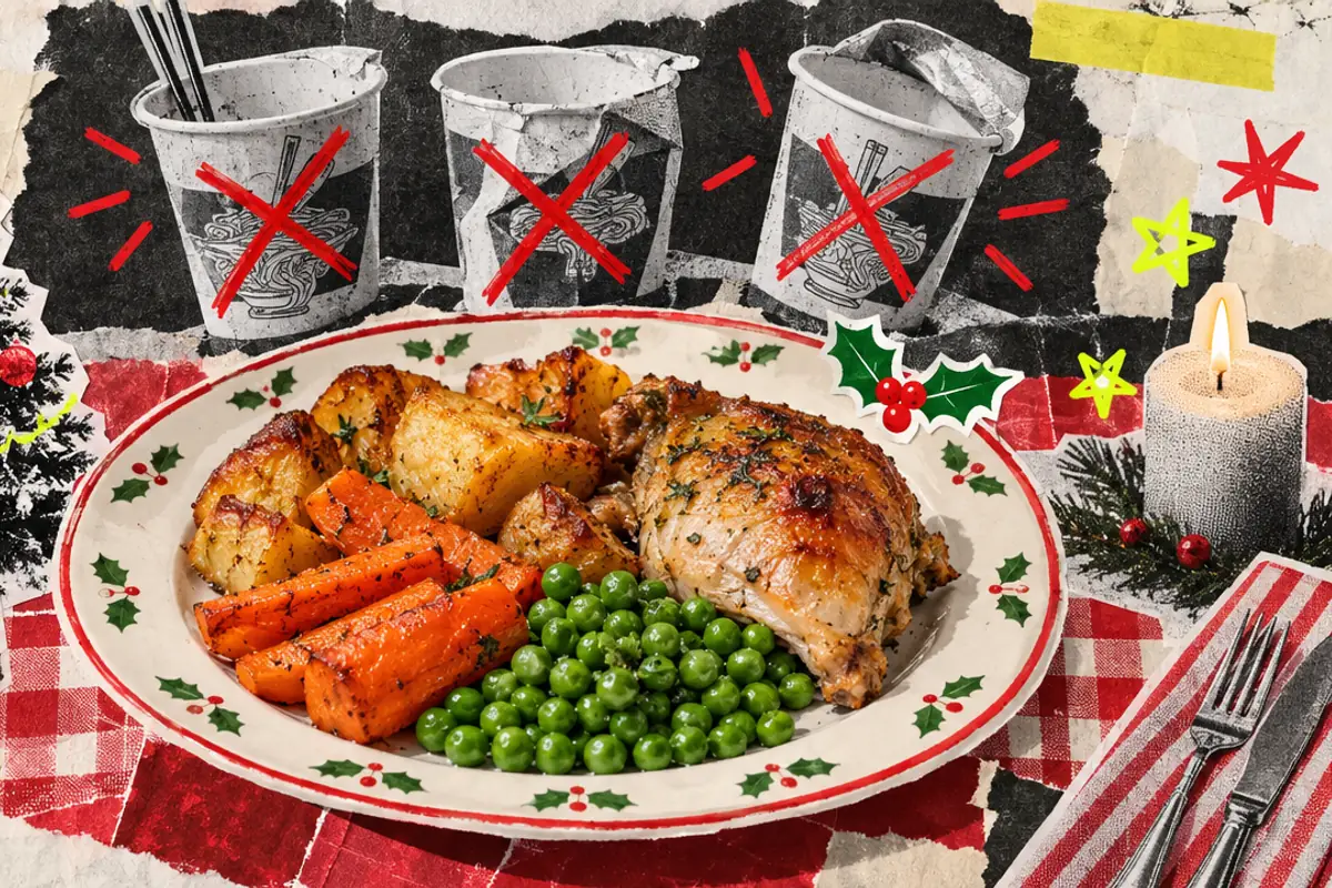 A plate of roast chicken, potatoes, carrots and peas on a holly plate, with three empty noodle cups crossed out in red marker behind it.