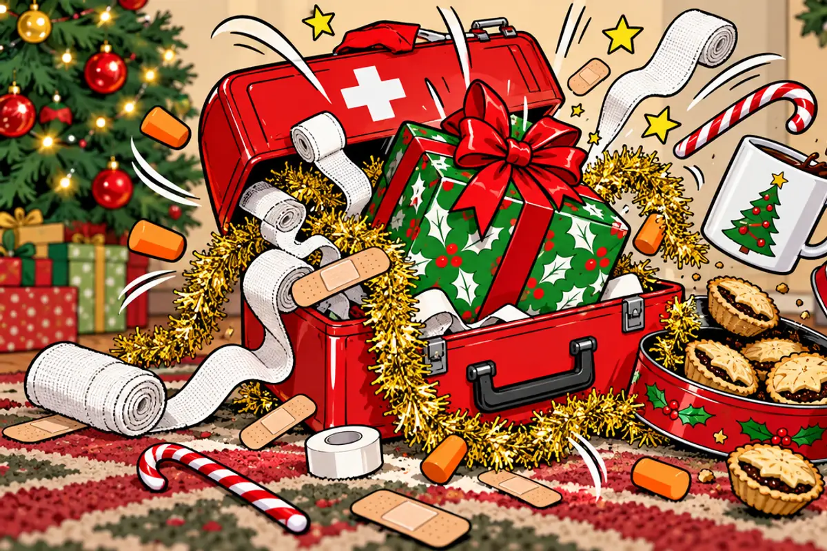 A comic-strip drawing of a red first aid kit bursting open around a green Christmas present with a red bow, spilling bandages, toilet rolls, tinsel, candy canes, earplugs, a mug of cocoa and a tin of mince pies.